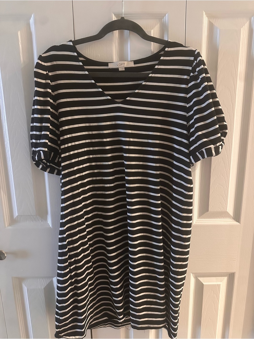 LOFT Black & White Striped Midi Dress with V-Neck